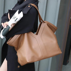 quiet luxury genuine leather tote on model