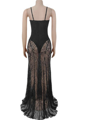 Black lace evening gown on a mannequin against a white background