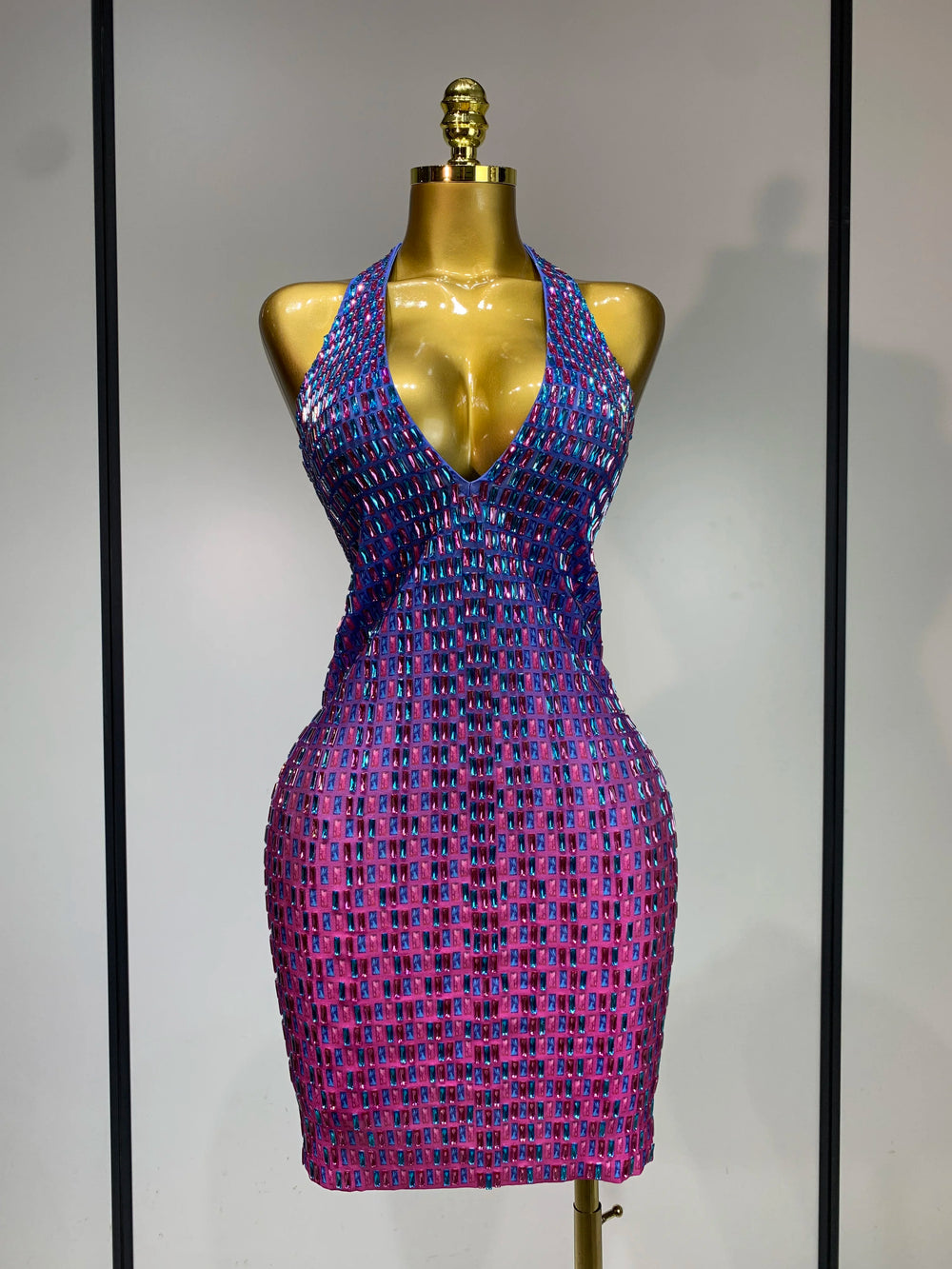 Halter neck bodycon mini dress with crystal embellishments