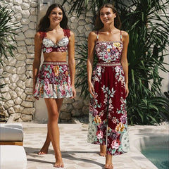 Two piece bikini set with burgundy floral print