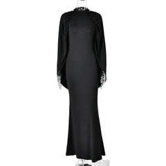 Mock Neck Cape Draped Open Back Maxi Dress