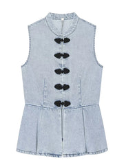 Mandarin Collar Peplum Denim Sleeveless Top