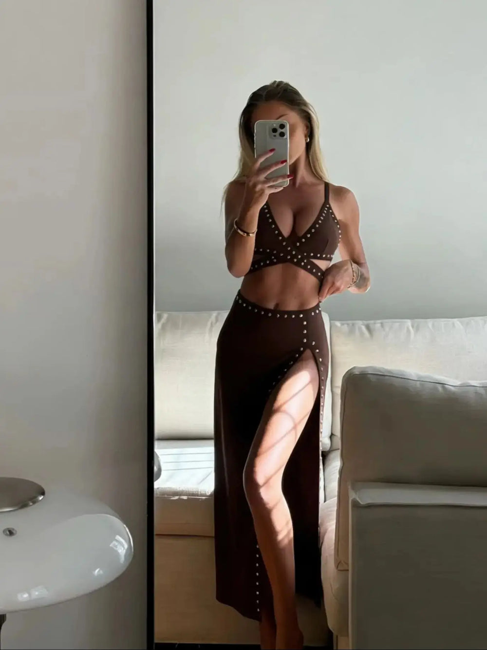 Studded cut-out bikini top and high-slit maxi skirt