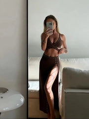 Studded cut-out bikini top and high-slit maxi skirt