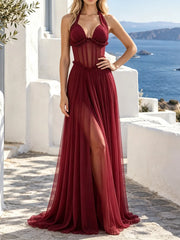 Burgundy Sheath Halter Neck Maxi Dress with ruched waist and leg slit
