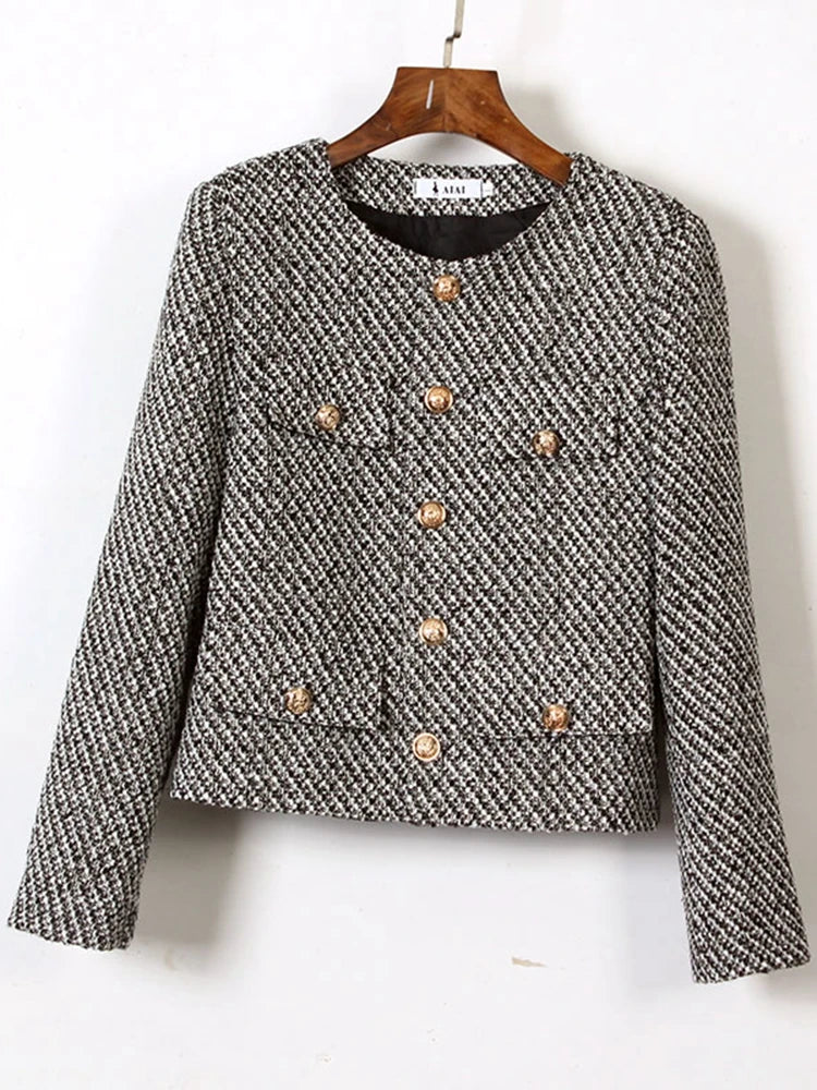 Gray textured jacket with gold buttons on a hanger against a white background