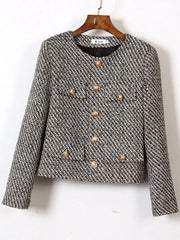 Gray textured jacket with gold buttons on a hanger against a white background