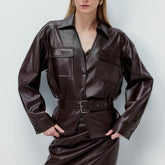 Pu Leather Short Wrap Buttoned Jacket