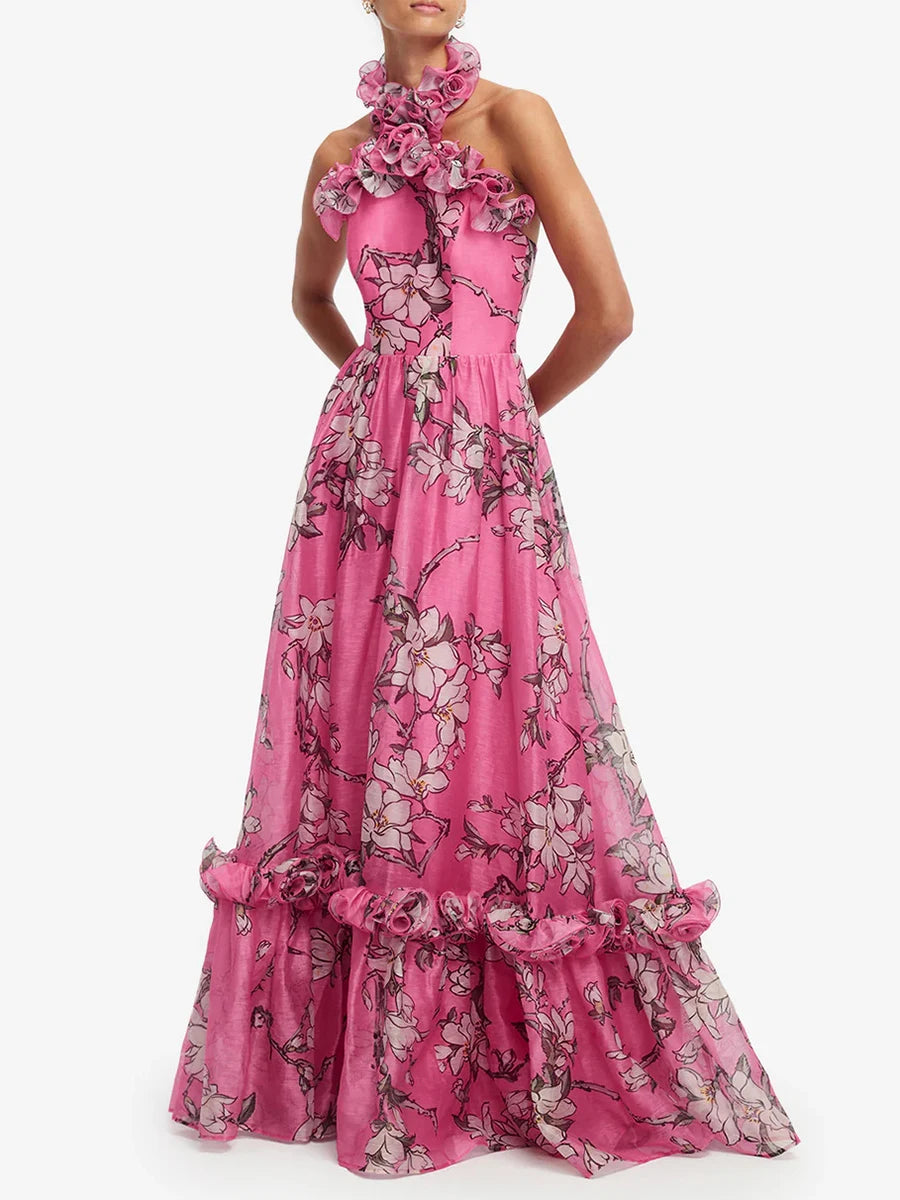 Floral print halter maxi dress with ruffled hem