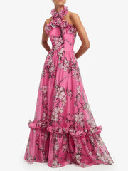 Floral print halter maxi dress with ruffled hem