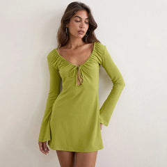 Green long sleeve ruched V-neck mini dress