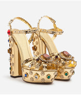 Gold embellished platform chunky heel sandals with gemstone details