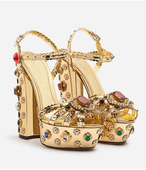 Gold embellished platform chunky heel sandals with gemstone details