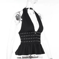 Black halter top with studded details on a mannequin against a white background