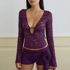 Purple lace long-sleeve top and shorts set on a neutral background