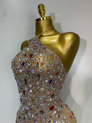 Halter Neck Sleeveless Mini Crystal Embellished Mesh Dress