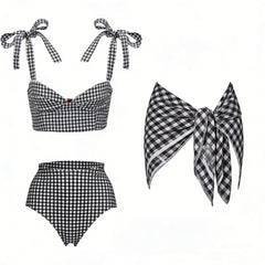 Black and white gingham bikini top and flared skirt with cherry detail