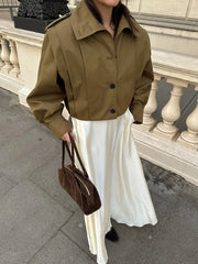 Short Trench Stand Collar Pleated Windbreaker Coat