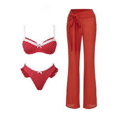 Red polka dot bikini with white lace trim and red sheer beach pants