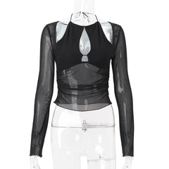 Black sheer long-sleeve top on a mannequin against a white background