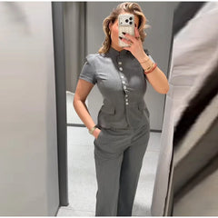 Short Sleeve Pinstripe Fitted Blazer and Wide Leg Pants Two-Piece Set