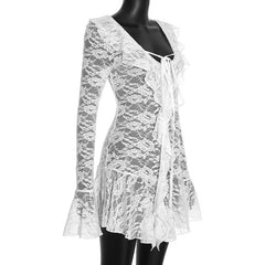 Long Sleeve Sheer Lace Ruffle Mini Dress