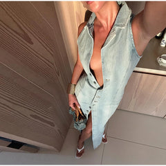 V-Neck Sleeveless Button-Front Denim Maxi Dress