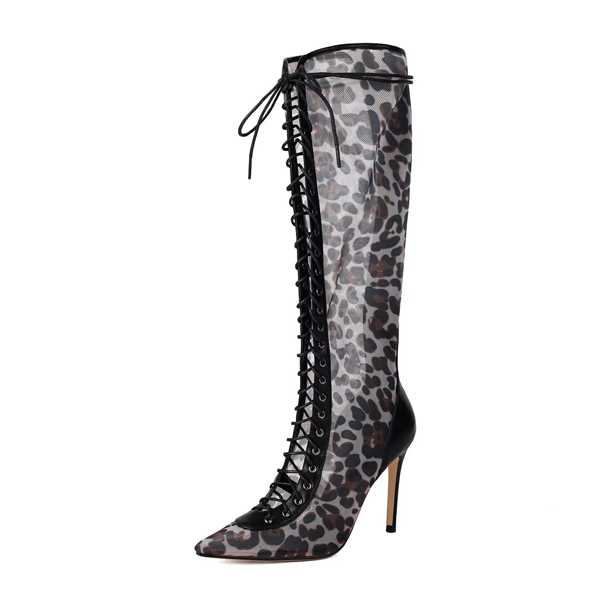 Leopard print knee-high boot with black lace-up details