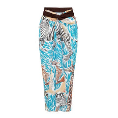 Print Halter Neck One-Piece Swimsuit with Tiered Maxi Skirt