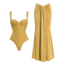 Sparkling ruched swimsuit top and draped maxi skirt in gold