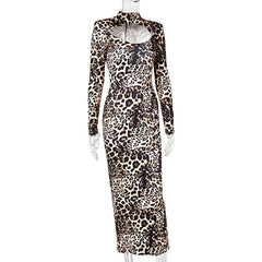 Leopard Print High Neck Maxi Dress
