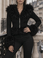 Faux Fur Trimmed Knit Zip Front Top