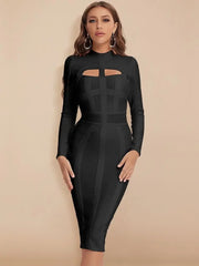 Black dress with cut-out design on a beige background