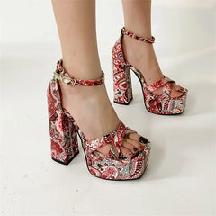 Floral Print Platform Block Heel Sandals