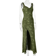 Green Floral Wide Strap High Slit Maxi Dress