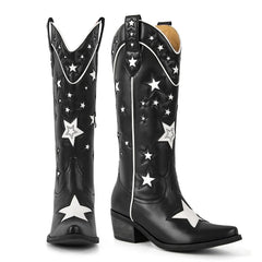 Black leather cowboy boots with white star patchwork and pointed toe, front view.