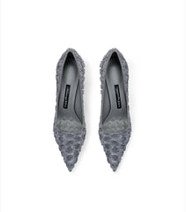 Gray Floral Lace Pointed Heels | Elegant Lace Stiletto Party Pumps