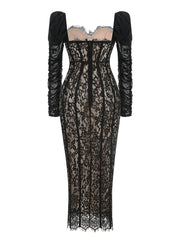 Black lace dress with long sleeves on a white background