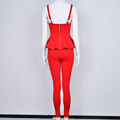 Red jumpsuit with suspenders on a mannequin against a white background