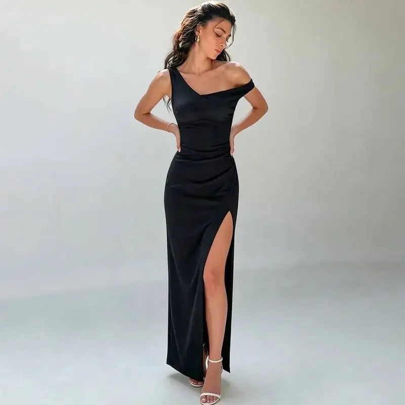 Black one shoulder maxi dress with thigh slit
