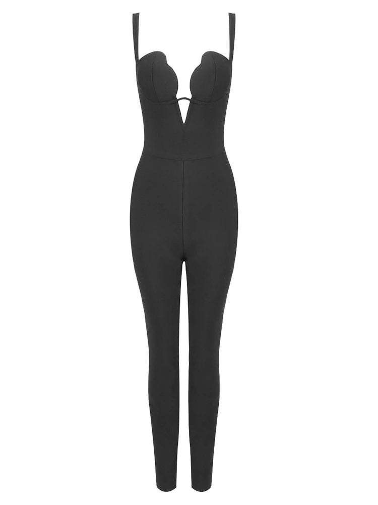 Black jumpsuit with thin straps on a white background