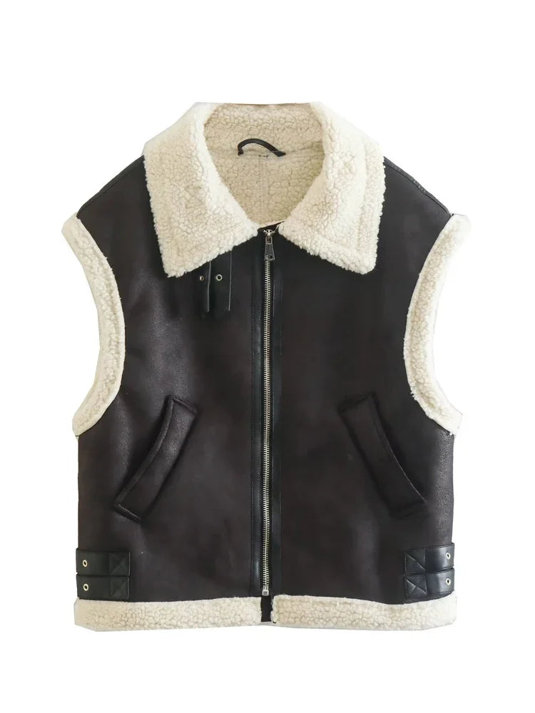 Black leather vest with beige fleece lining