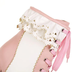 Pink and white lace-up shoe with decorative elements on a white background