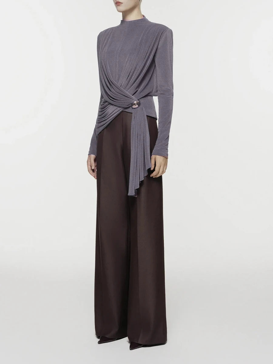 Draped mock neck long sleeve ruched top with buckle accent front view