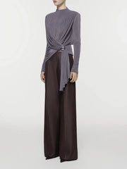 Draped mock neck long sleeve ruched top with buckle accent front view