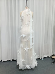 White Halter-Neck Sheer Floral Applique Maxi Gown