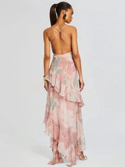 Spaghetti strap floral print ruffle high-slit asymmetrical hem maxi dress back view