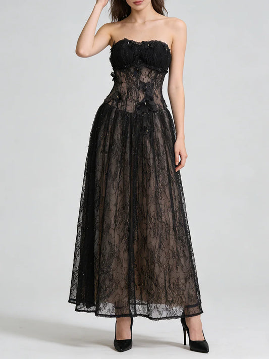 Black lace strapless gown on a white background