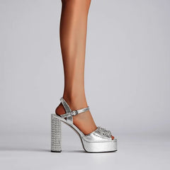 Satin Platform Crystal Embellishment Block Heels
