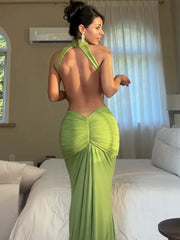 Green High Neck Draped Maxi Dress